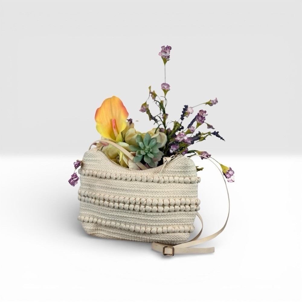 H&M Crossbody Bag Women Small Cream Textured Pom Pom Woven Boho Adjustable Strap